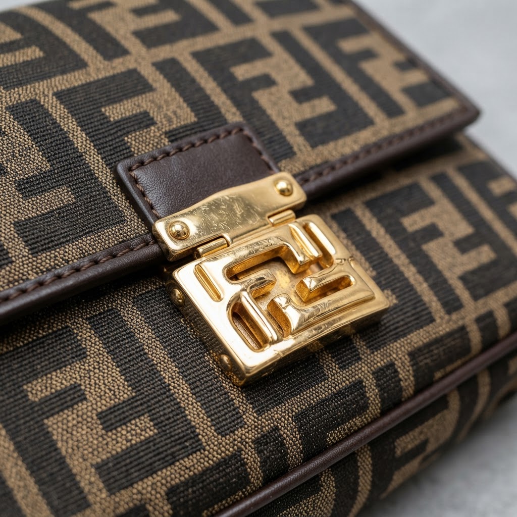 Macro of authentic Fendi FF Zucca monogram canvas with Karligree hardware