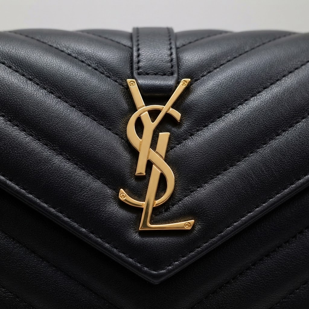 Macro of authentic Saint Laurent YSL Cassandre monogram logo plaque