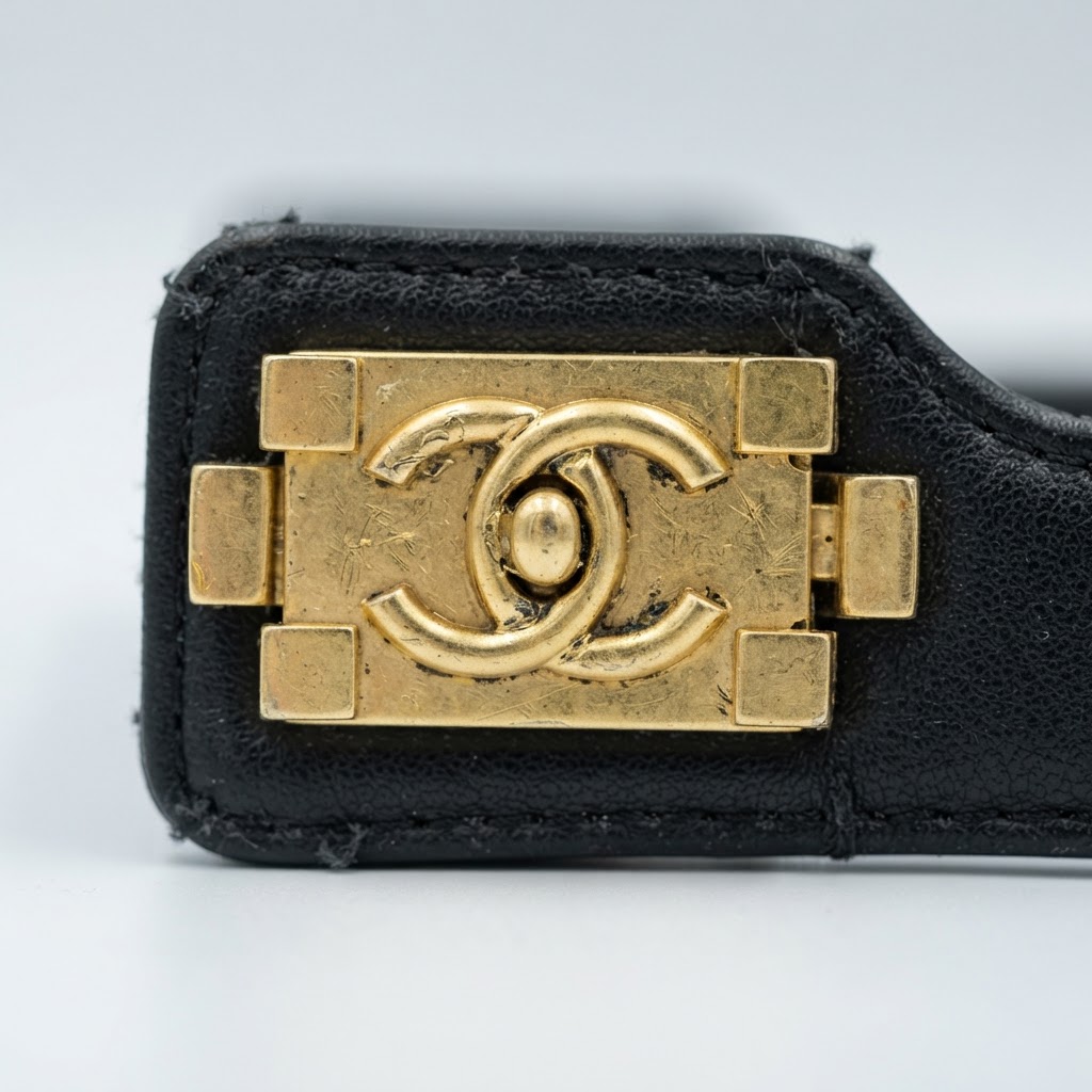 Counterfeit luxury handbag hardware detail