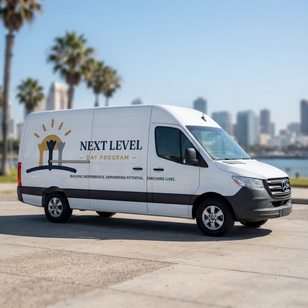 A professionally wrapped Mercedes-Benz Sprinter van branded for Next Level Day Program parked in San Diego
