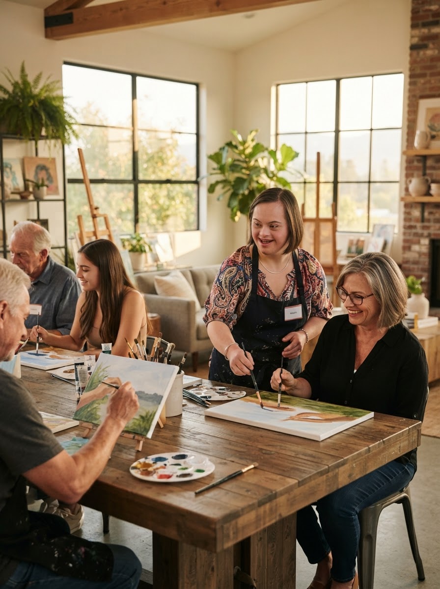 An adult with Down Syndrome confidently leading an art activity in a sunlit modern studio