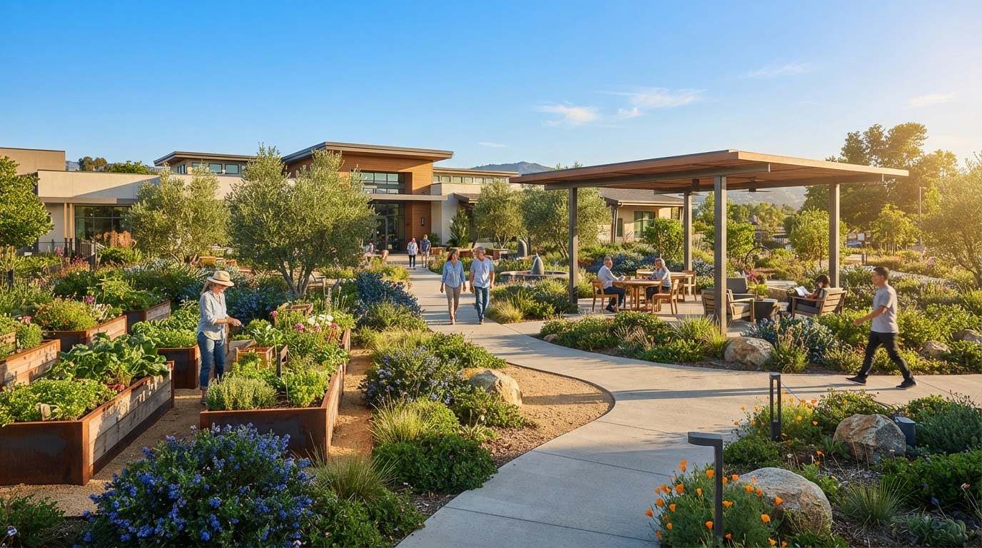 Outdoor courtyard and community spaces at the San Diego campus