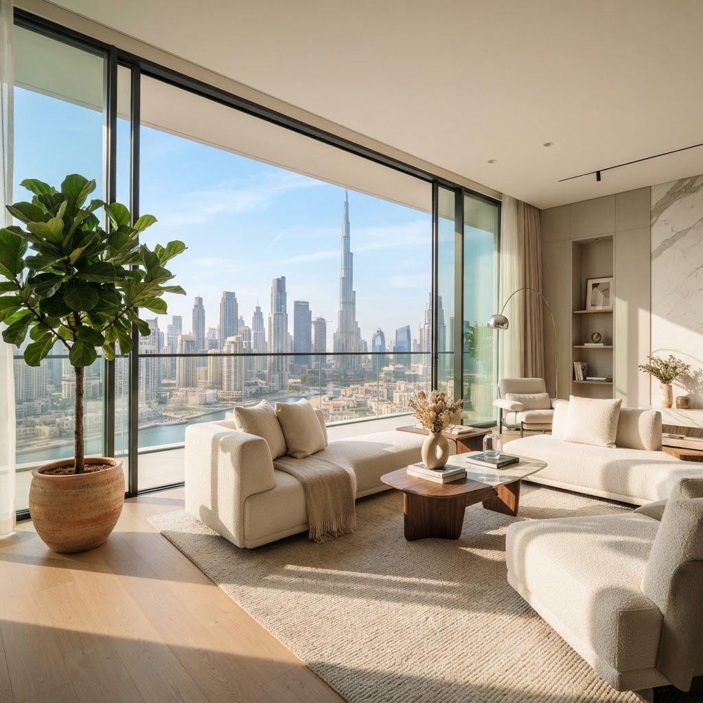 Luxury Dubai living room with floor-to-ceiling windows overlooking the skyline