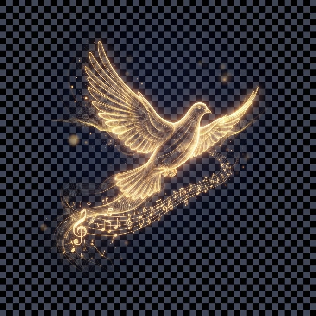 Radiant dove carrying musical notes through divine light