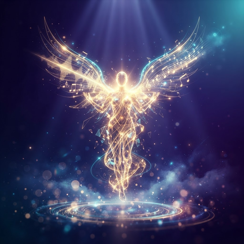Celestial angel with wings of sound, radiating divine light