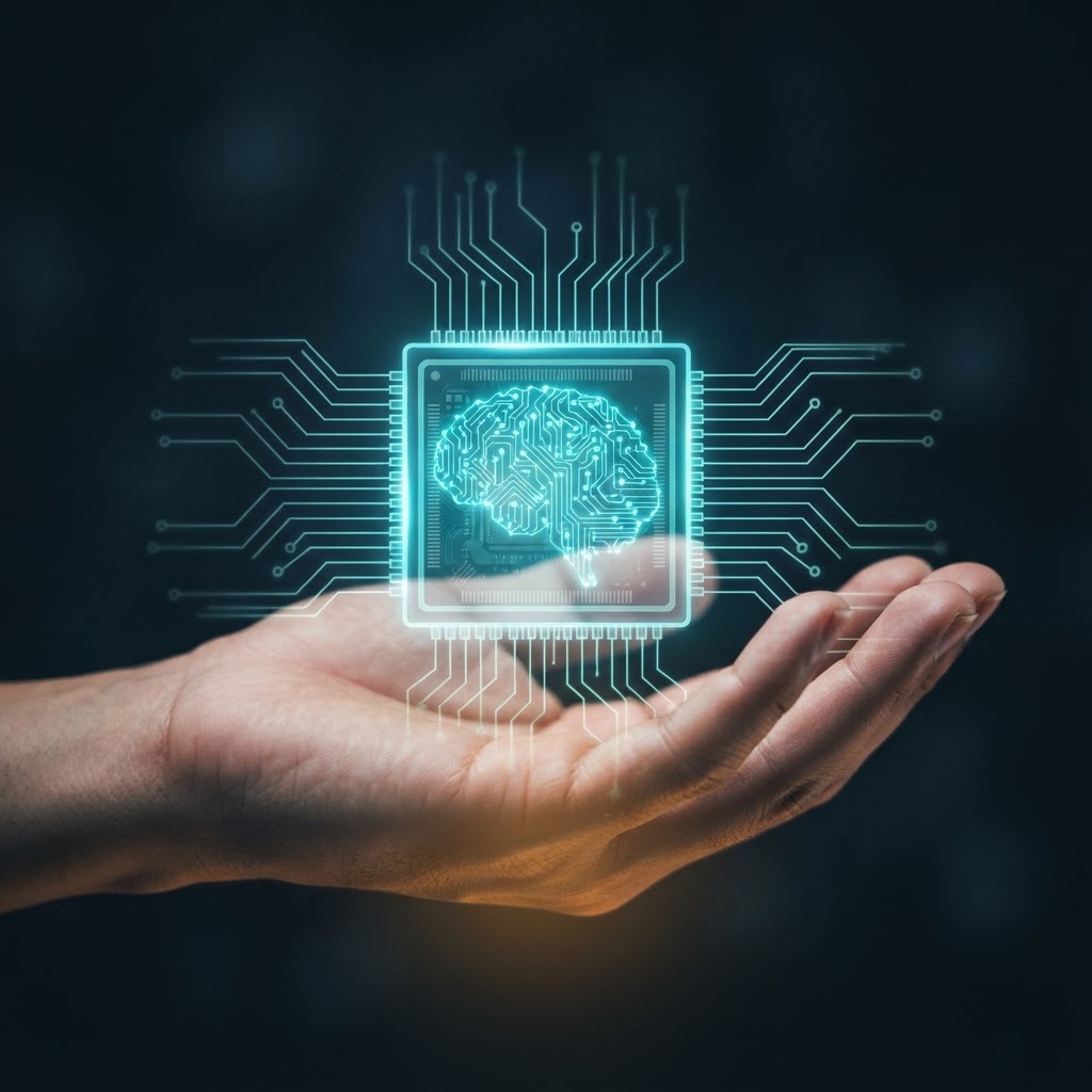 Una mano sostiene un chip de IA con un cerebro digital: la tecnología al servicio de las personas