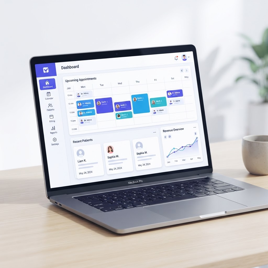 EzClinic dashboard preview showing appointment calendar, patient records, and revenue analytics