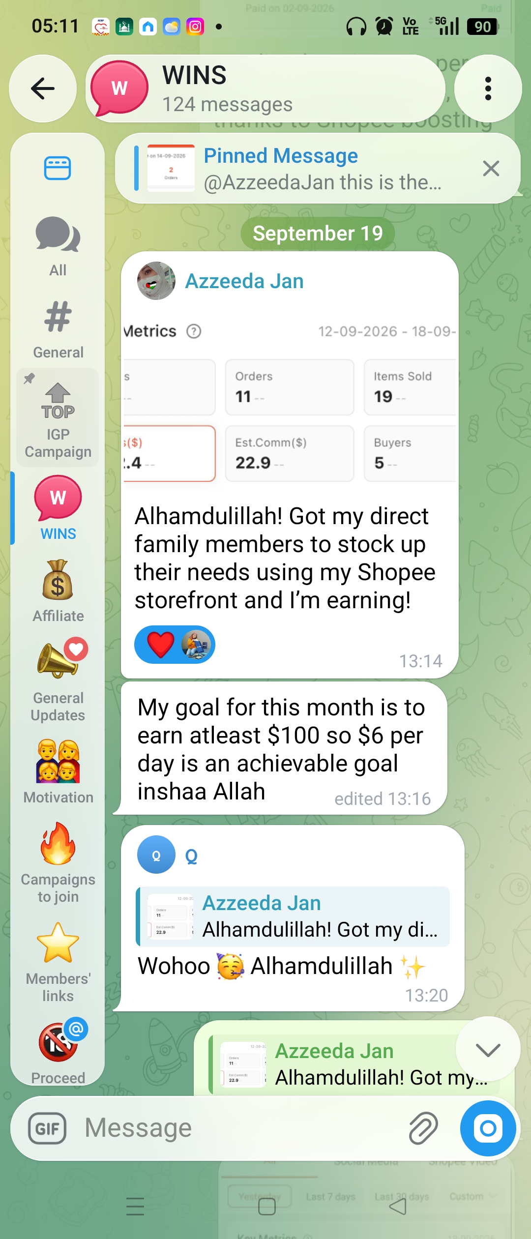 Member win shared by Azzeeda in the Telegram Tribe