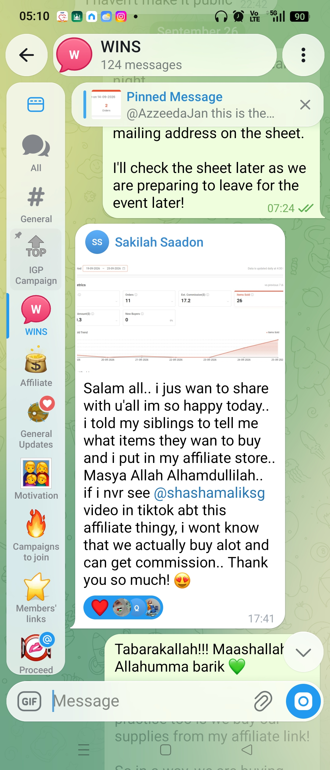 Member win shared by Sakilah in the Telegram Tribe