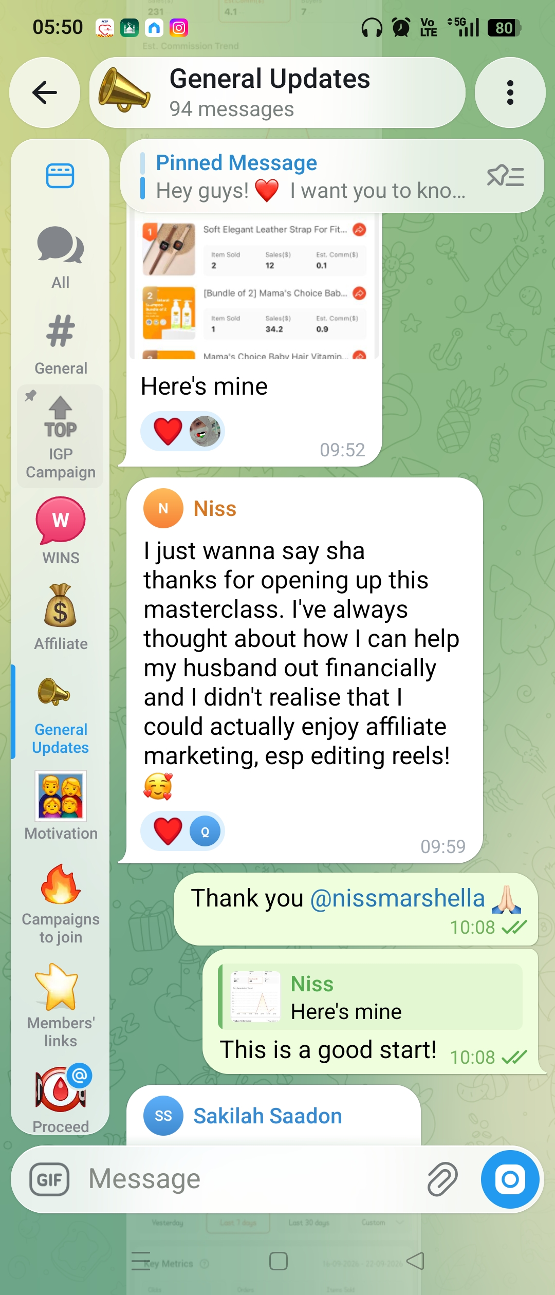 Member win shared by Niss in the Telegram Tribe