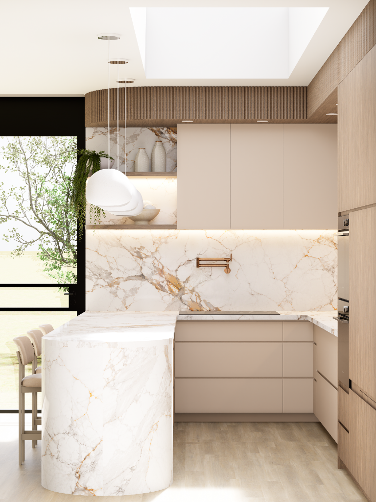Refined contemporary Australian kitchen with custom cabinetry, stone benchtop and calm neutral finishes