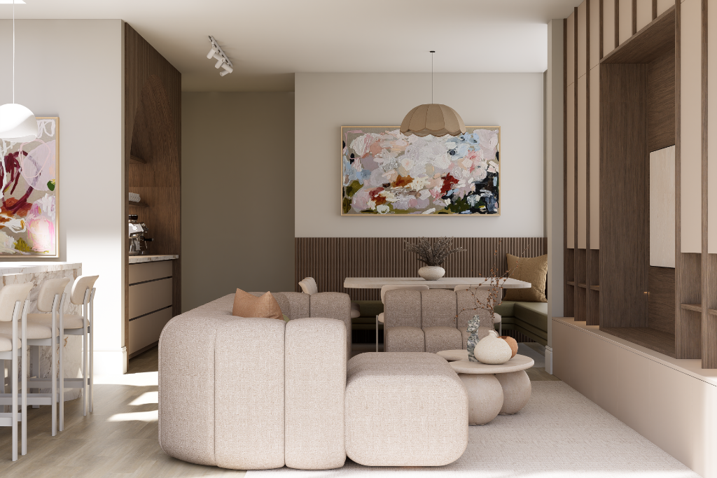 Refined living and dining interior with layered lighting, artwork and a calm cohesive material palette