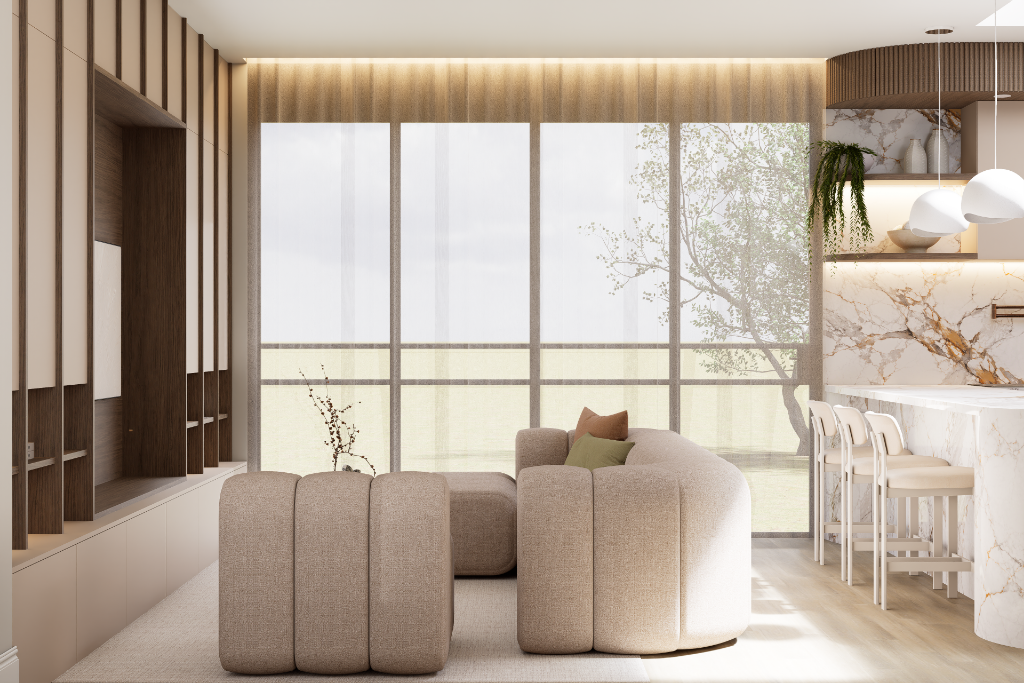 Connected whole-home interior showing continuity between kitchen, dining and living spaces with a cohesive material direction
