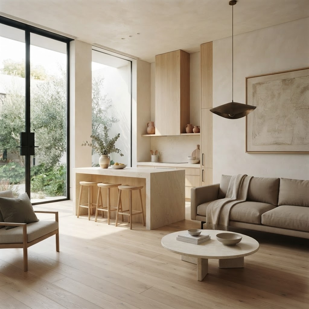 Warm neutral kitchen and living interior with natural timber and stone finishes