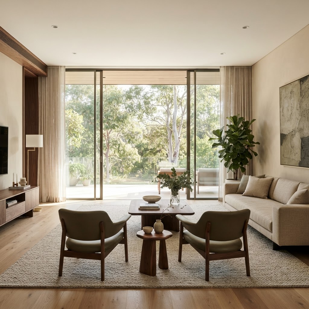 High-end furnished living room with an unobstructed view and clear access to glass doors