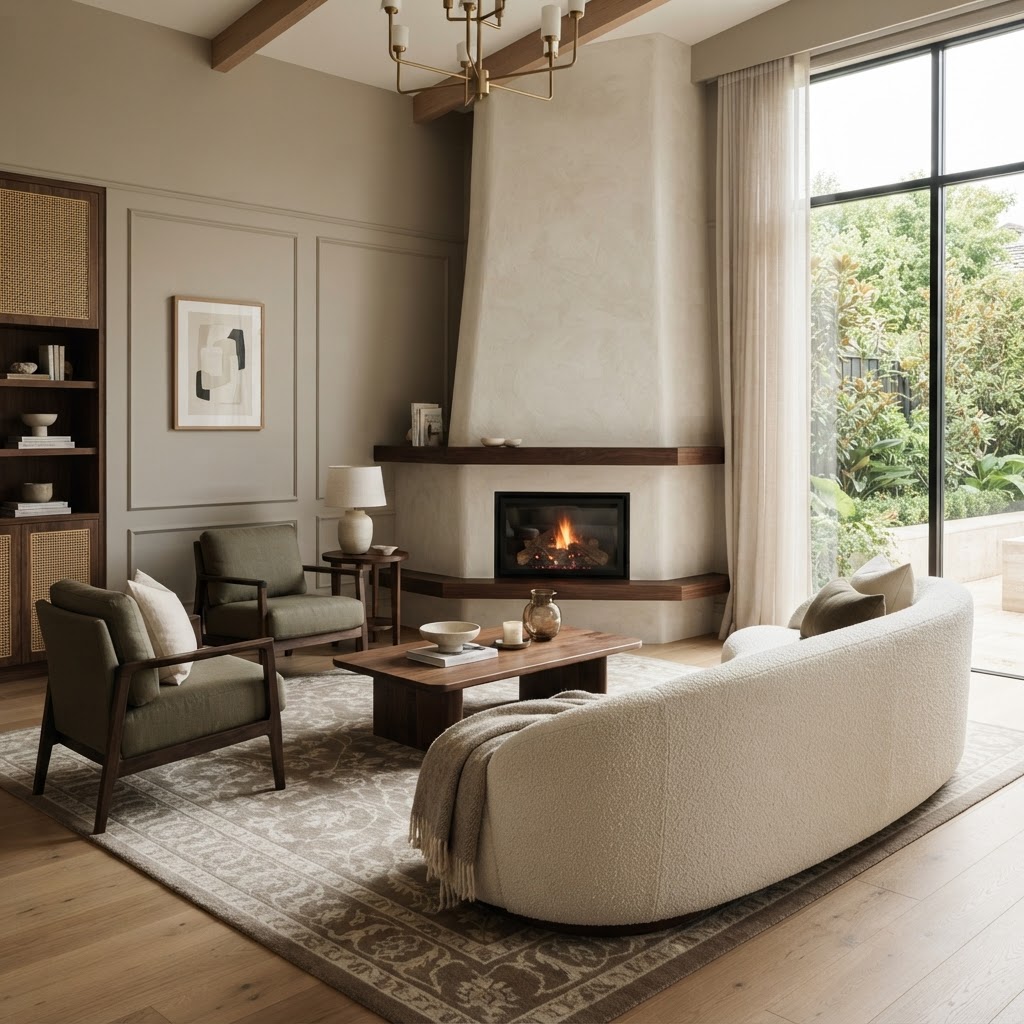 High-end furnished living room with seating oriented toward a sculptural fireplace