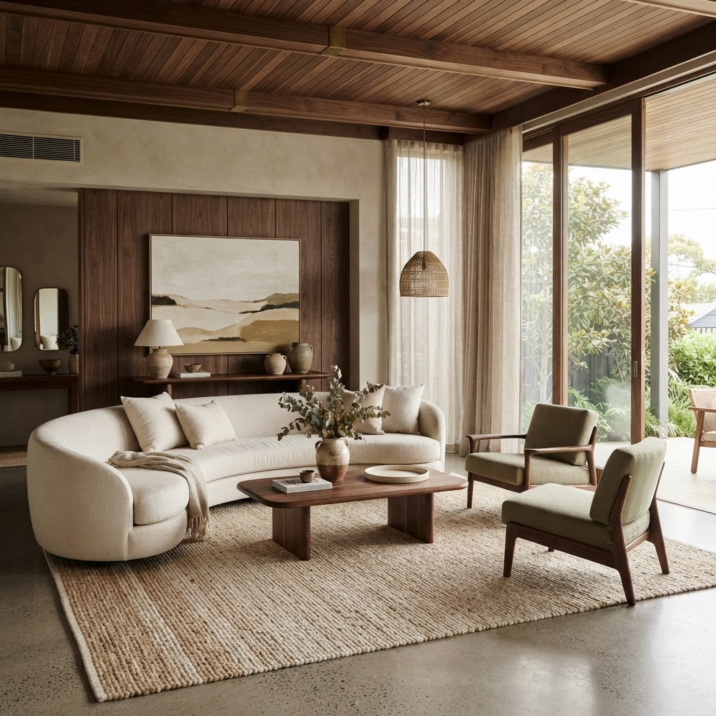 High-end furnished living area with cohesive warm neutral colours