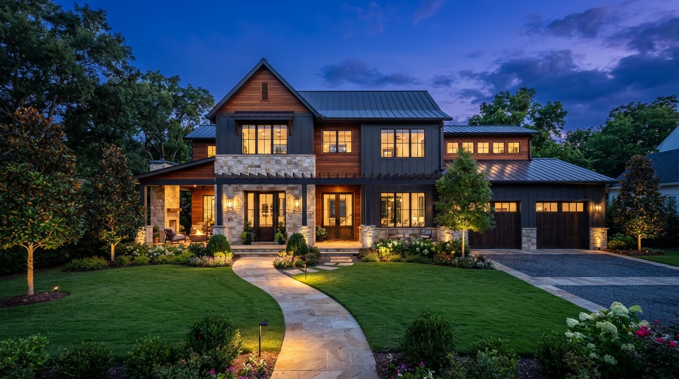 1234 Ashwood Drive exterior at twilight