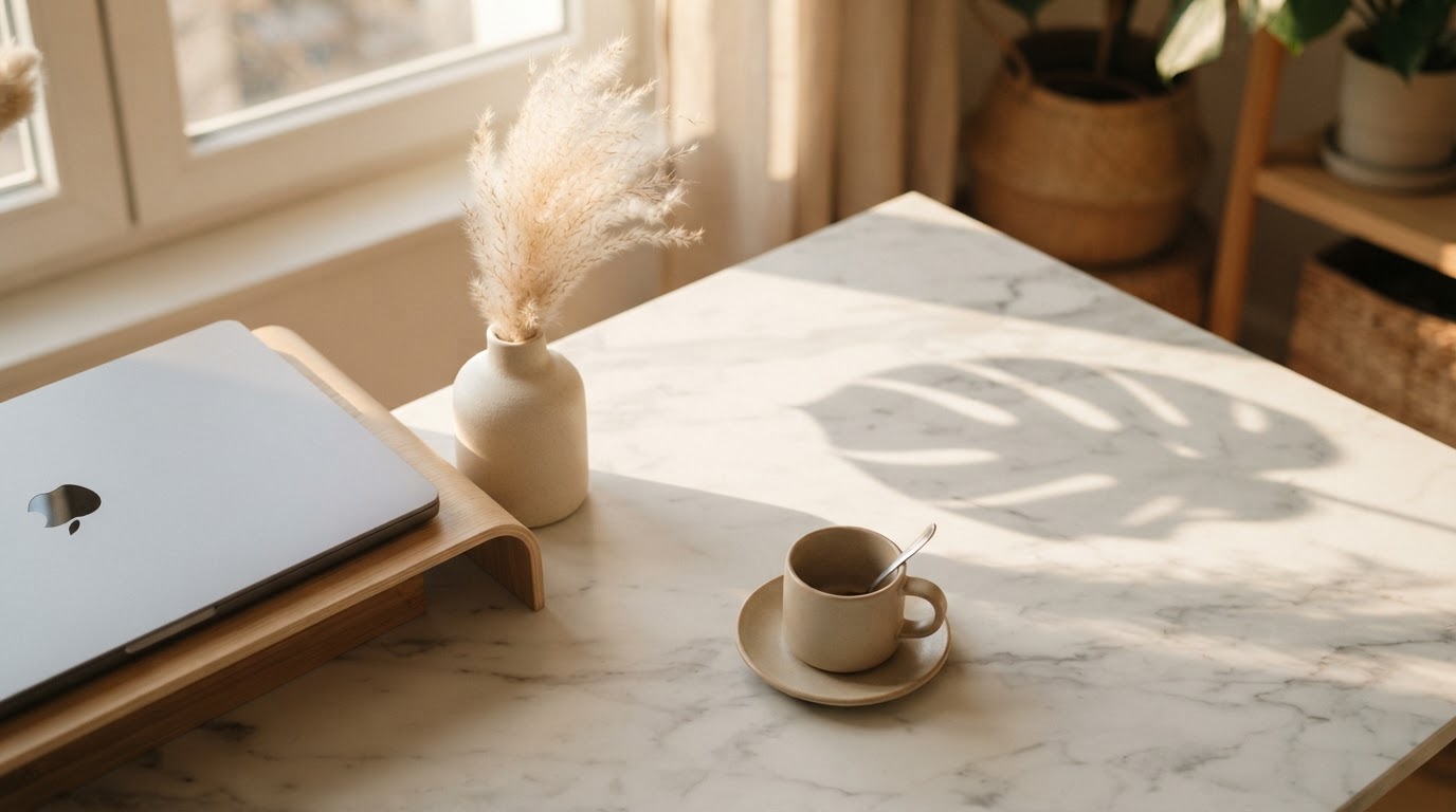 A serene, sun-drenched minimalist workspace reflecting a calm design process