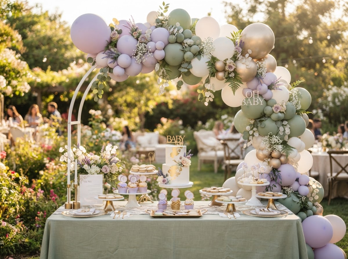 Organic balloon arch over dessert table at baby shower