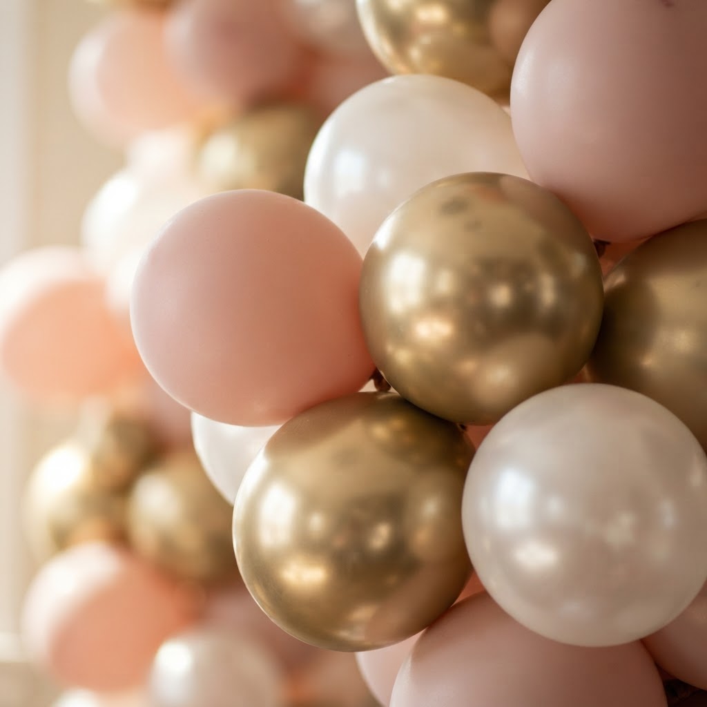 Close-up of luxury balloon textures in blush pink, chrome gold and white