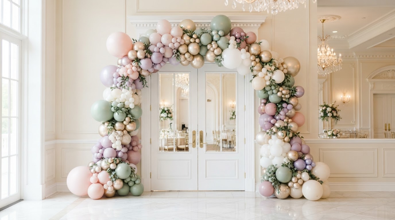 Luxury balloon garland installation in blush pink, lavender and gold