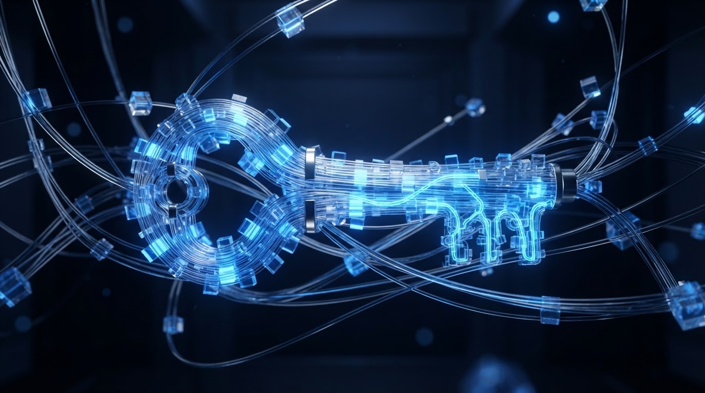 Abstract cloud infrastructure visualization with glass fiber-optic cables
