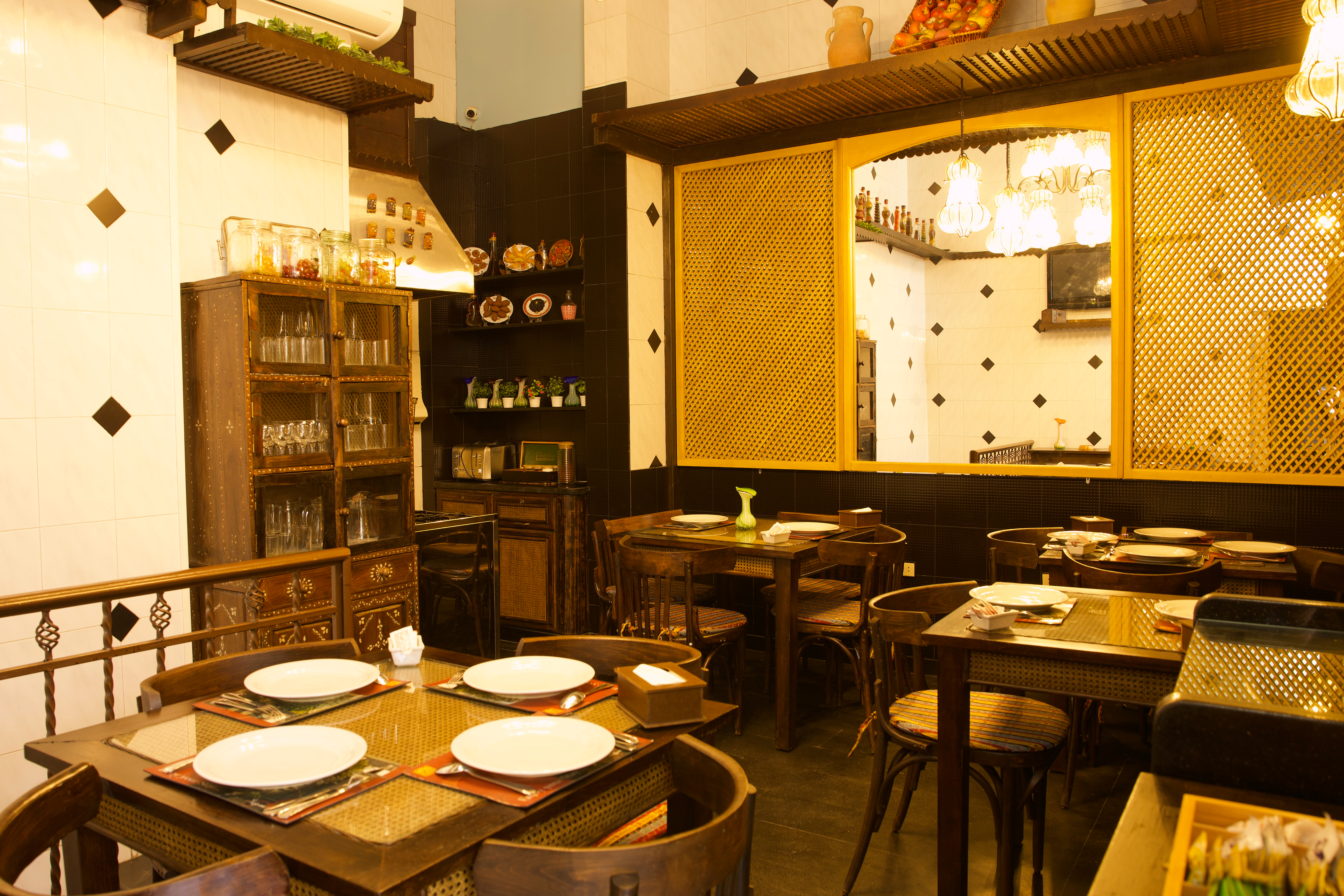 The Beit Ramza dining room and kitchen service counter