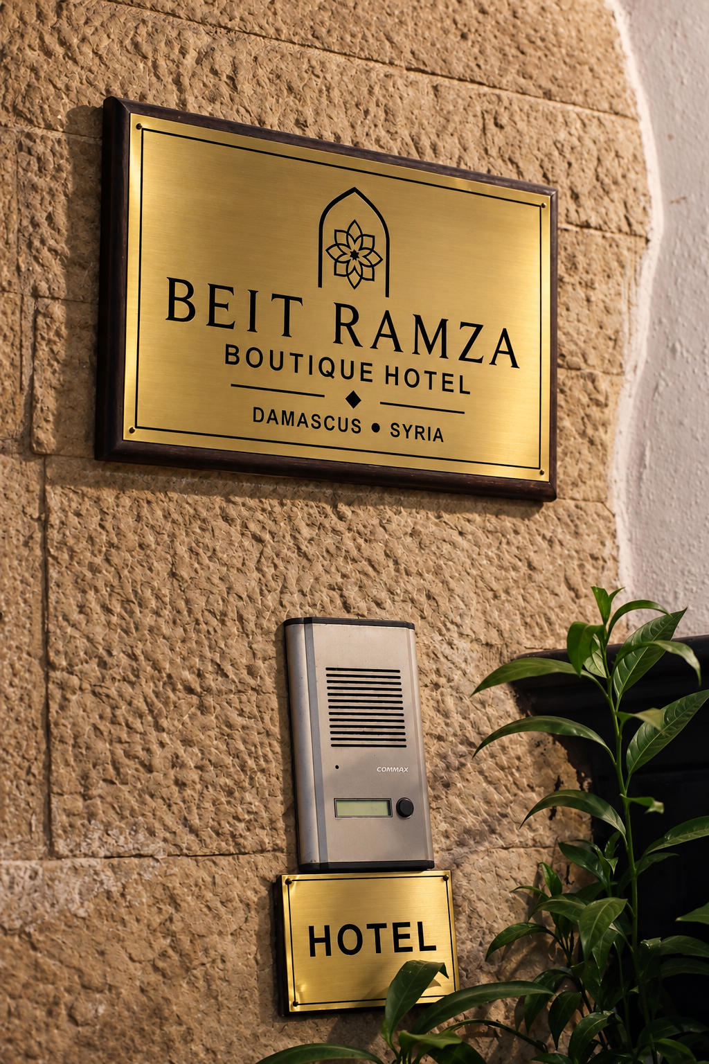 Beit Ramza signage and intercom on the stone wall