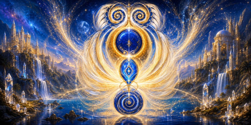 Featured painting: ethereal celestial emblem with golden fractal wings over a dreamlike landscape