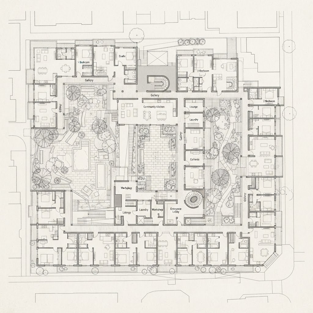Architectural plan with apartment units and galleries arranged around three connected courtyards.