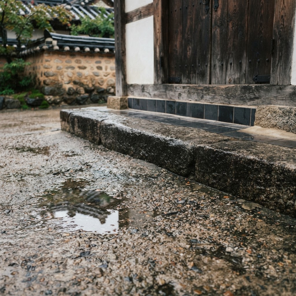 Worn stone threshold meeting exposed aggregate pavement with subtle rain reflections.