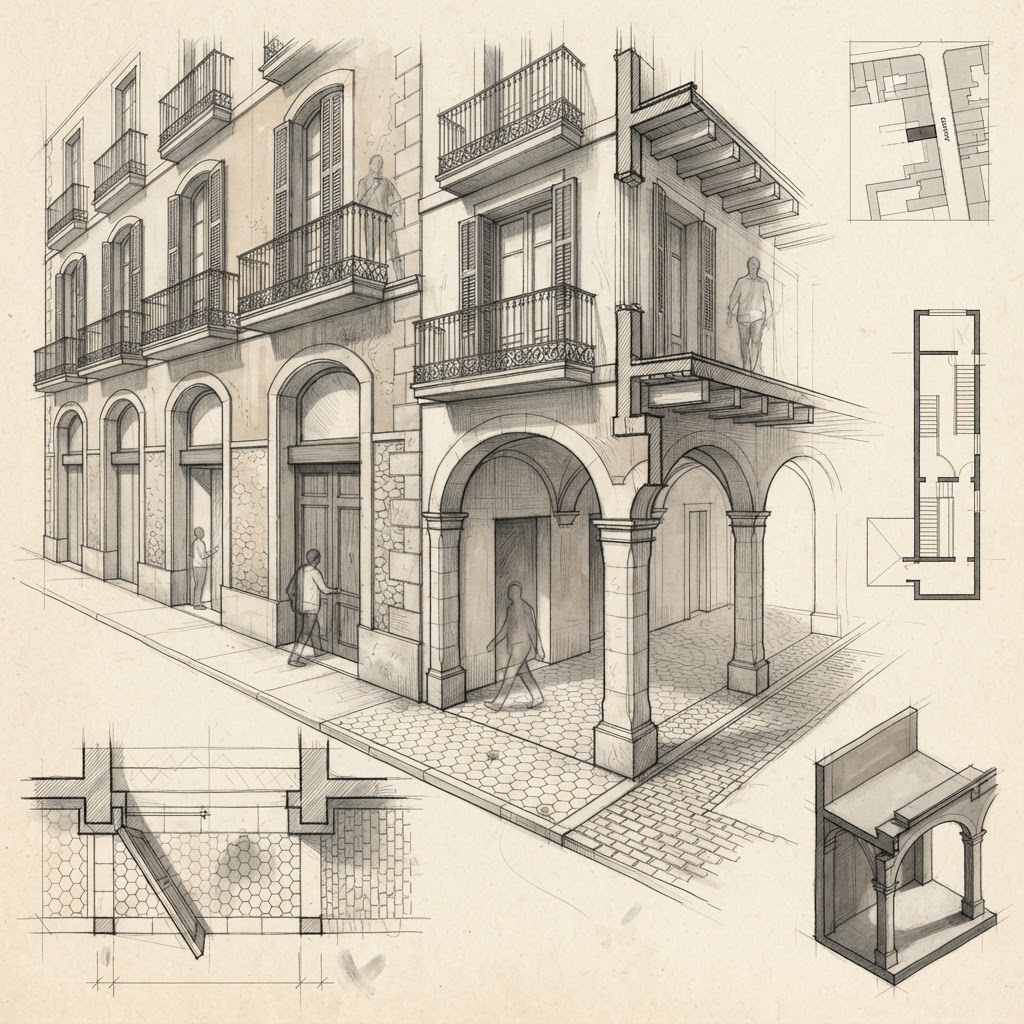 Layered architectural drawing combining arcades, balconies, entrances and paving at a city street edge.