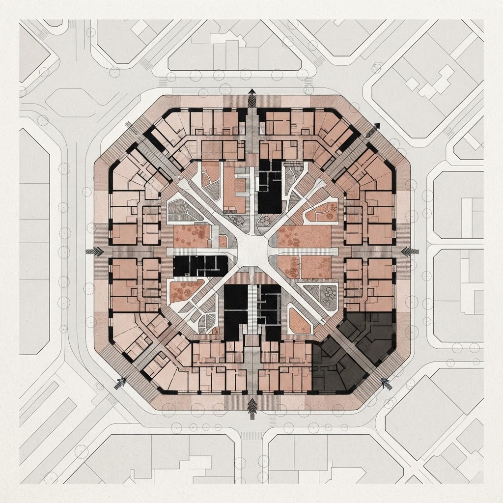 Urban diagram mapping gradual transitions from public streets to shared and private spaces.