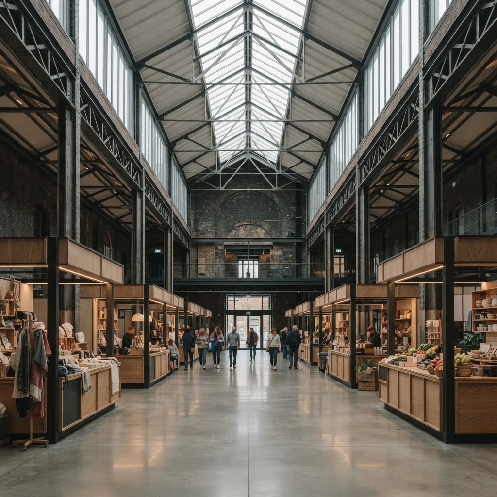 Restored brick market hall with steel roof trusses, timber stalls and a few distant visitors.