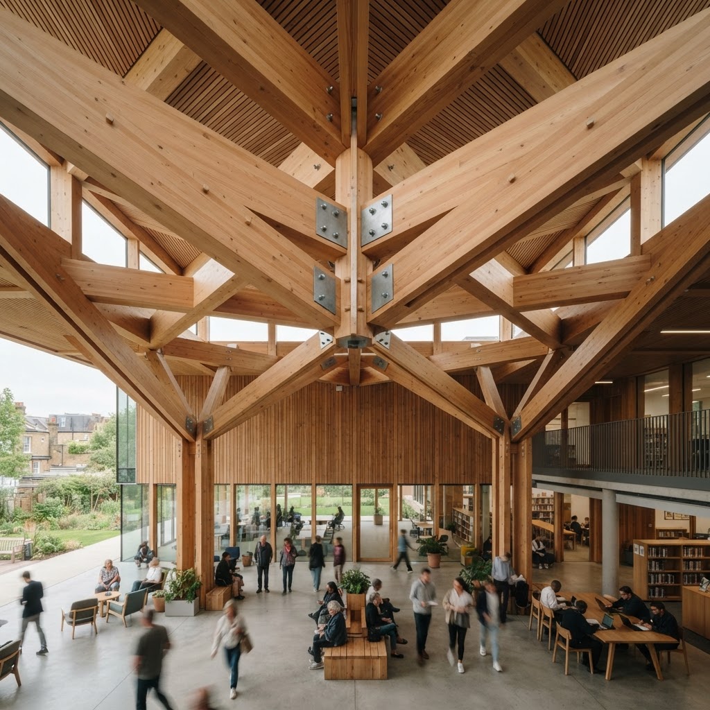 Close architectural view of a warm timber canopy spanning a softly lit public interior.