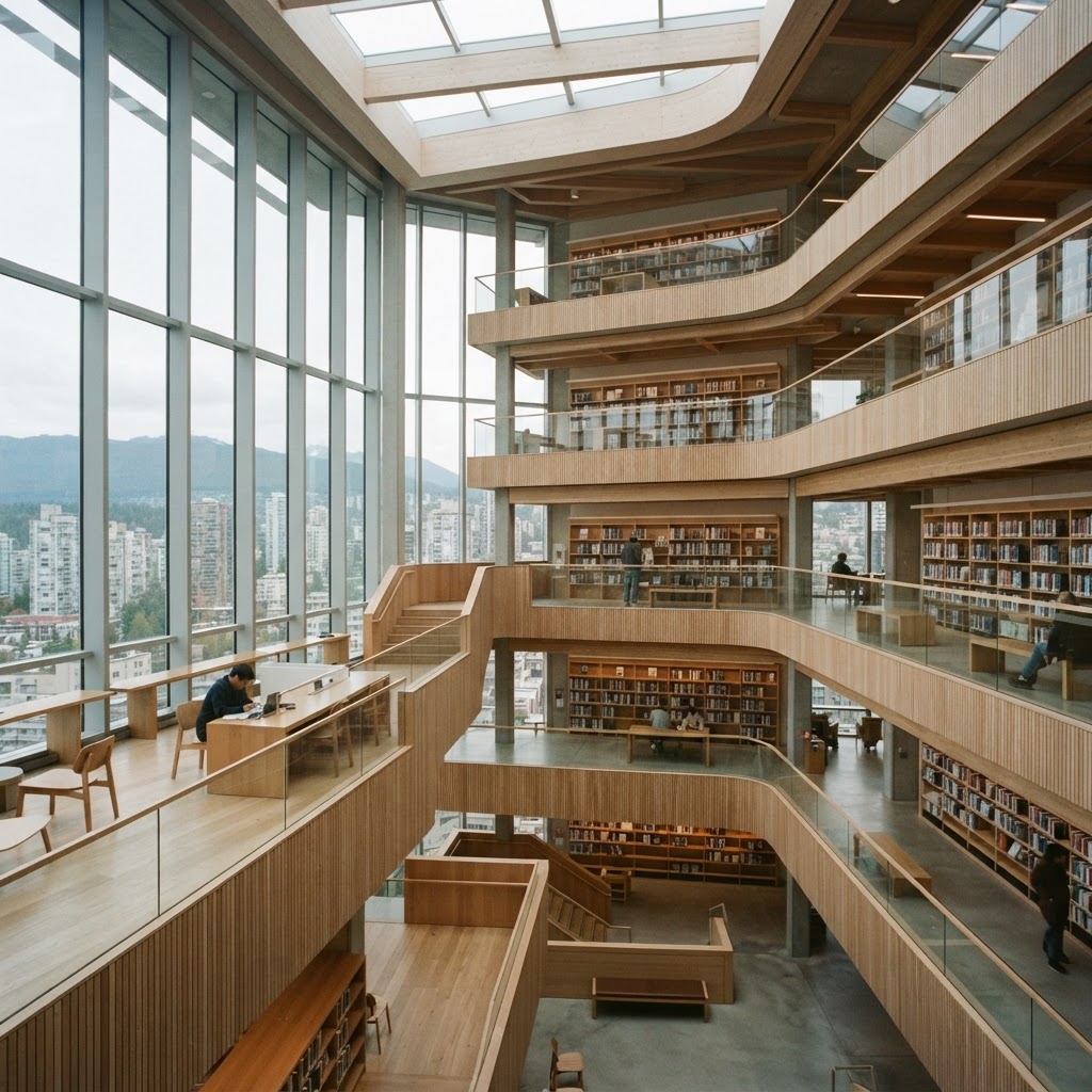 Pale timber library terraces and readers arranged around a tall, softly lit interior void.