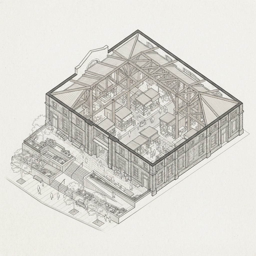Architectural axonometric separating the existing masonry hall from timber kiosks and a public passage.