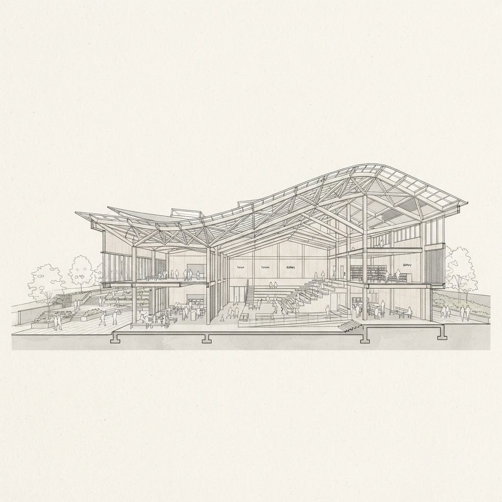 Architectural section showing a broad timber canopy above enclosed rooms and an open community hall.