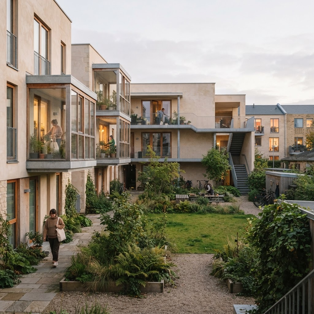 Pale masonry housing enclosing a planted shared courtyard with glazed winter gardens.