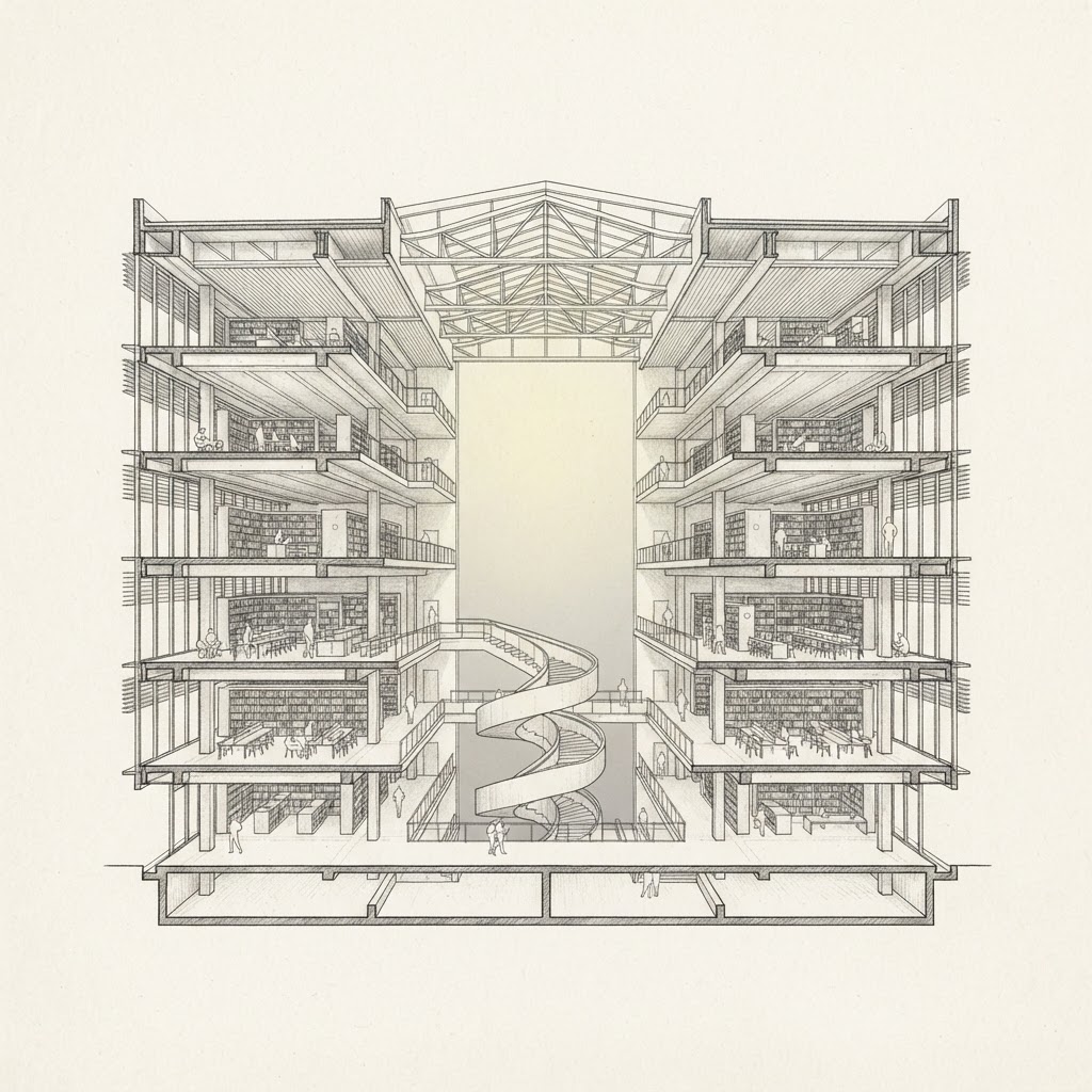Architectural section showing stacked library floors surrounding a tall central lightwell.