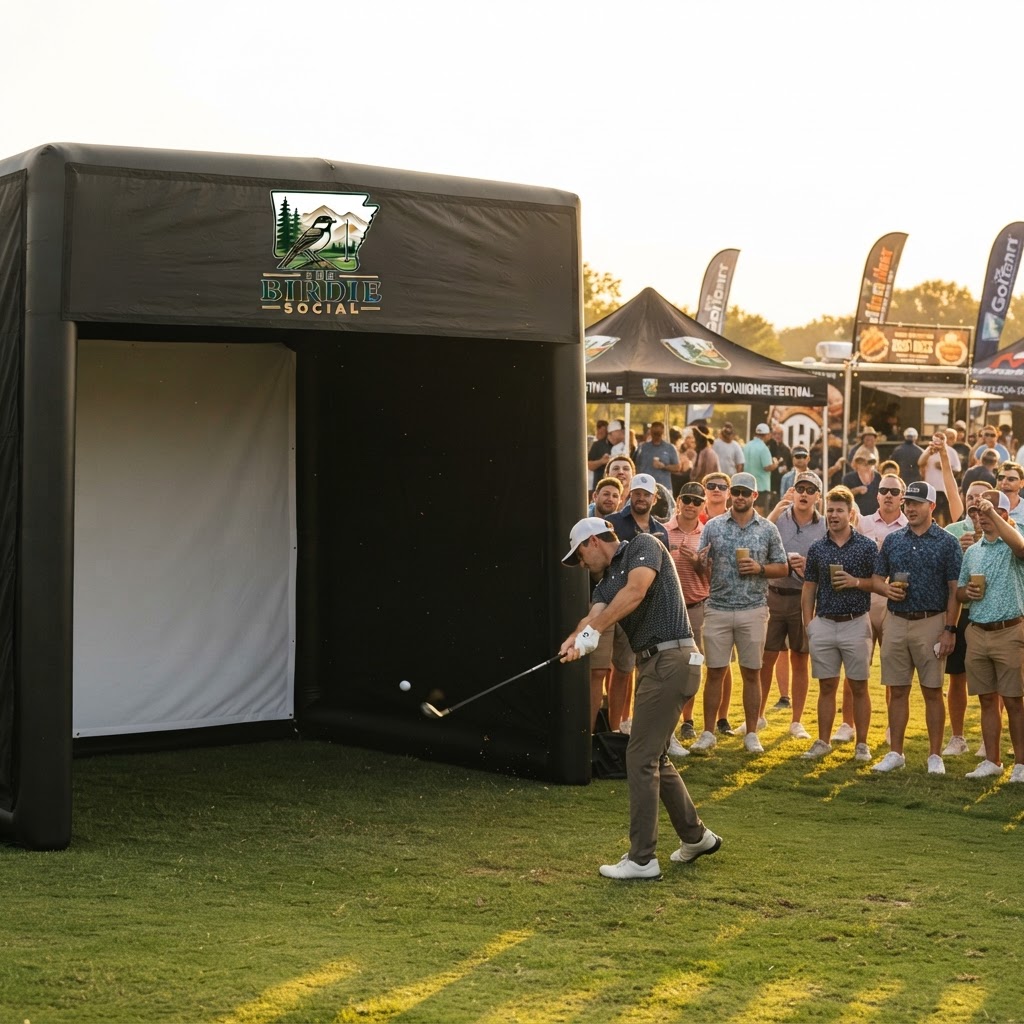 Luxury outdoor event setup with mobile golf simulator at dusk