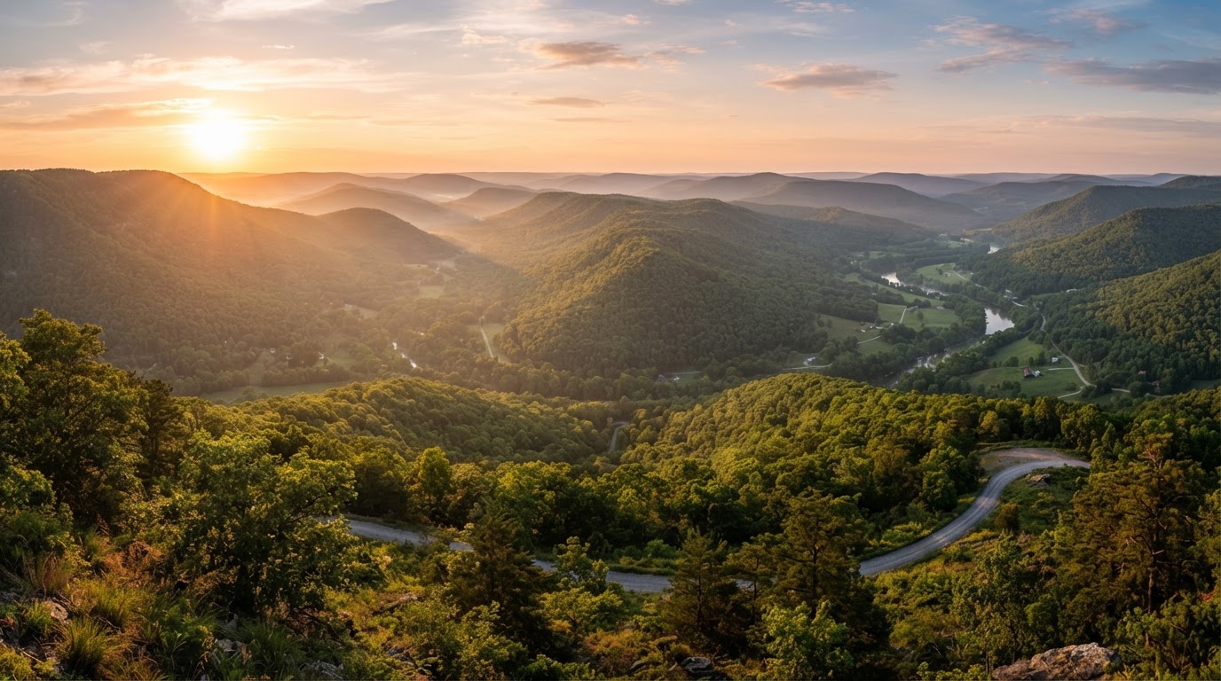 Beautiful panoramic view of the Ozark mountains in Northwest Arkansas during golden hour