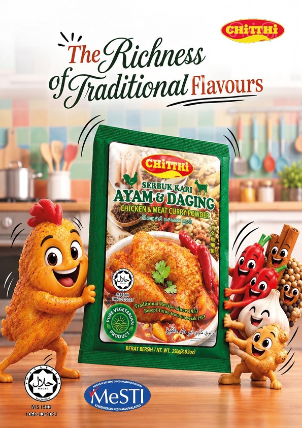 Chitthi chicken & meat curry powder with playful spice mascots
