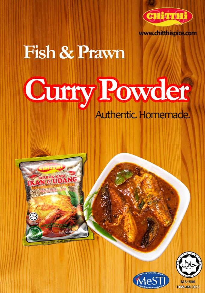 Fish & prawn curry powder with a bowl of homemade fish curry