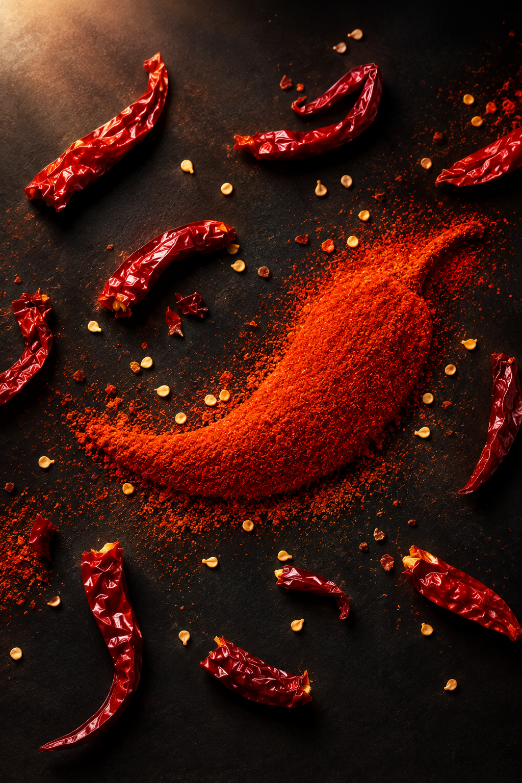 Chili powder shaped into a chili pepper on a dark surface