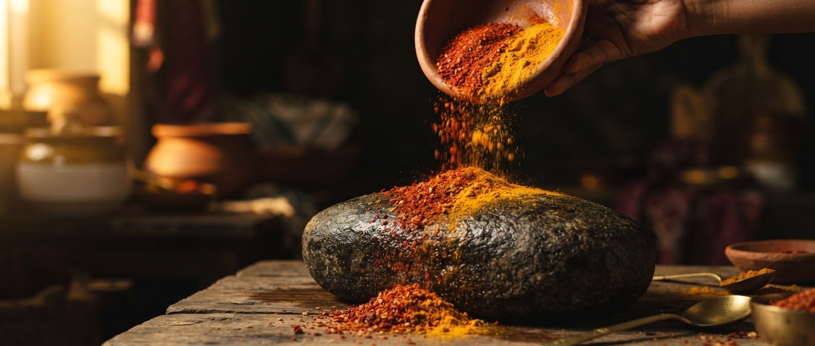 Vibrant red chilli powder and turmeric cascading onto a traditional stone grinder