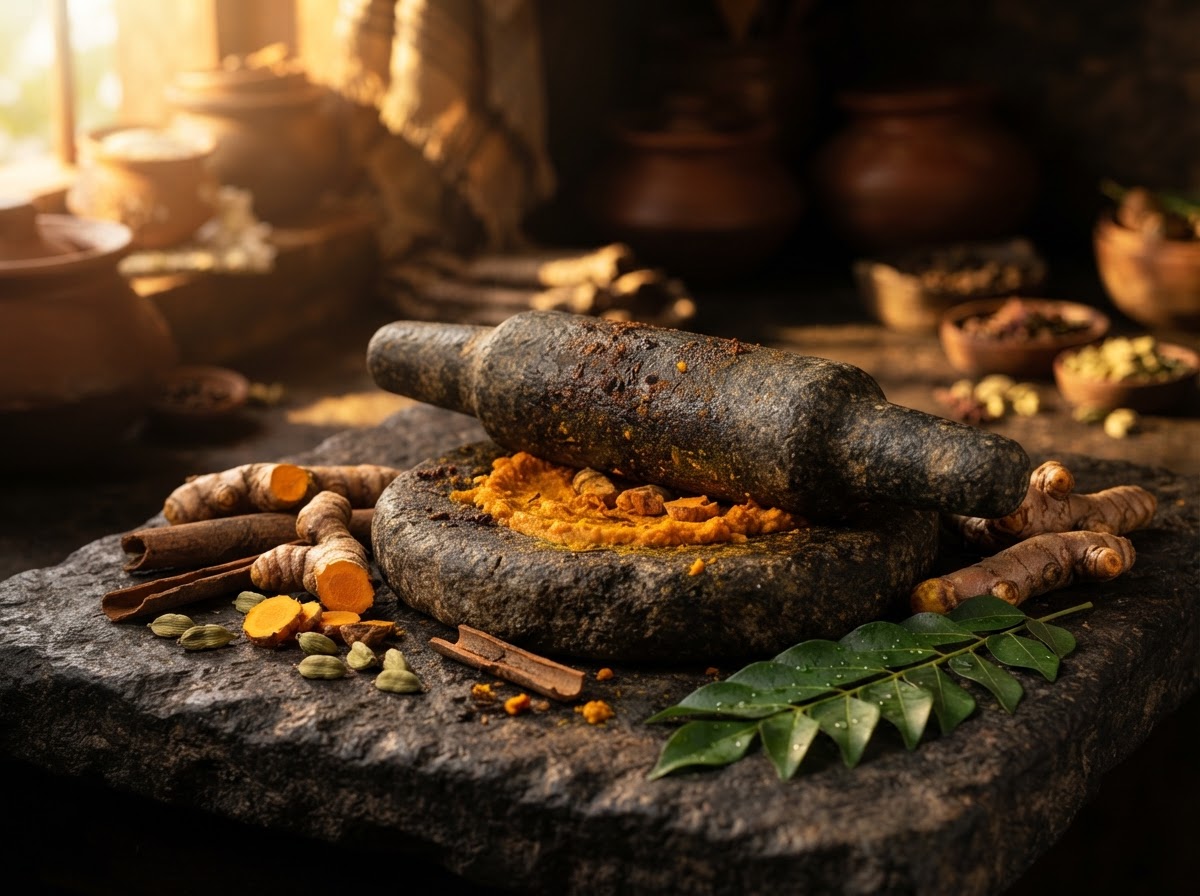 Traditional ammikalu stone grinder surrounded by fresh turmeric, cinnamon and curry leaves