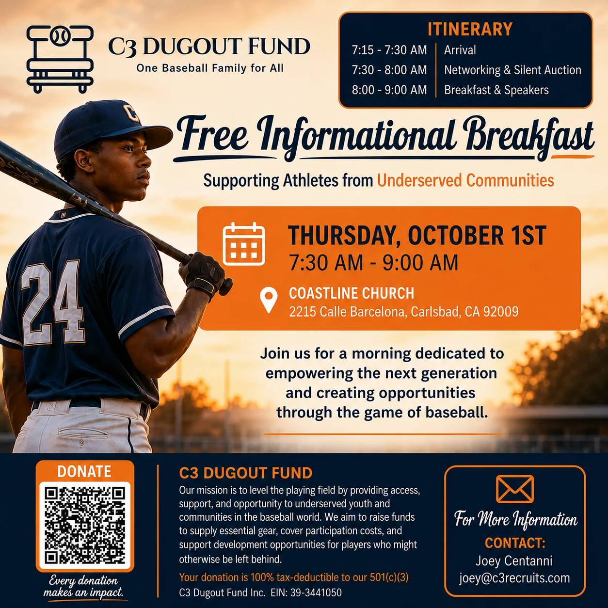 C3 Dugout Fund Free Informational Breakfast flyer — Thursday, October 1st, 7:30 AM - 9:00 AM at Coastline Church, Carlsbad CA