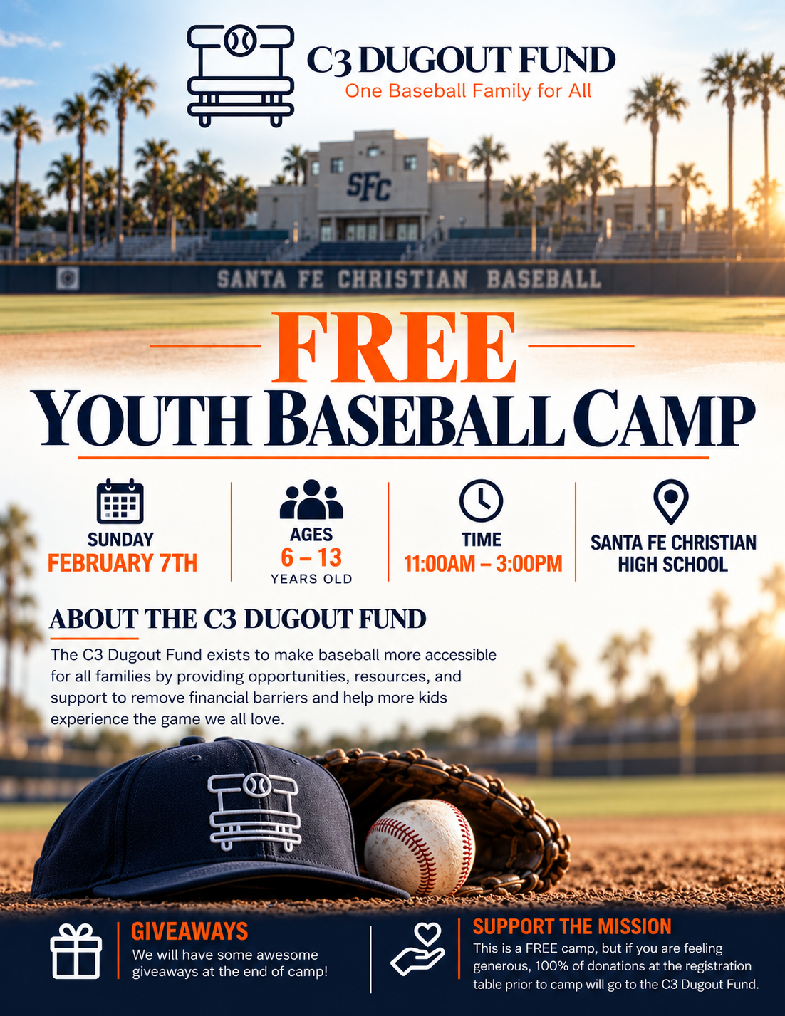 C3 Dugout Fund Free Youth Baseball Camp flyer — Sunday, February 7, 11:00 AM to 3:00 PM at Santa Fe Christian High School, ages 6 to 13